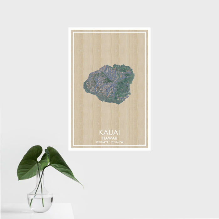 16x24 Kauai Hawaii Map Print Portrait Orientation in Afternoon Style With Tropical Plant Leaves in Water