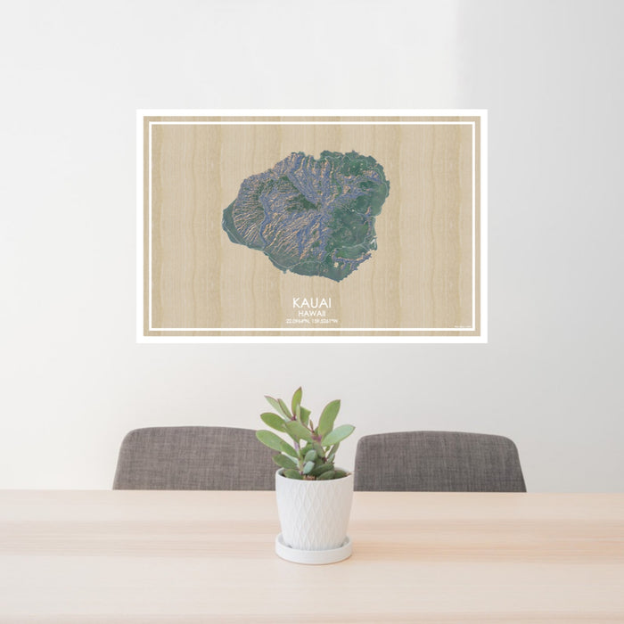 24x36 Kauai Hawaii Map Print Lanscape Orientation in Afternoon Style Behind 2 Chairs Table and Potted Plant
