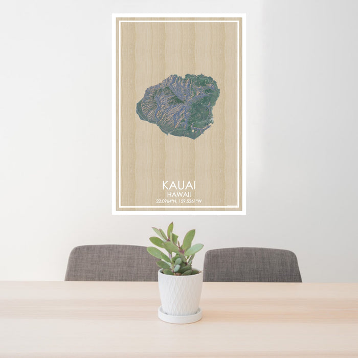 24x36 Kauai Hawaii Map Print Portrait Orientation in Afternoon Style Behind 2 Chairs Table and Potted Plant