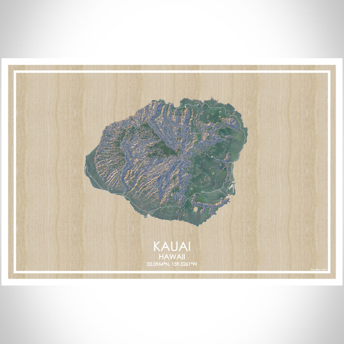 Kauai Hawaii Map Print Landscape Orientation in Afternoon Style With Shaded Background