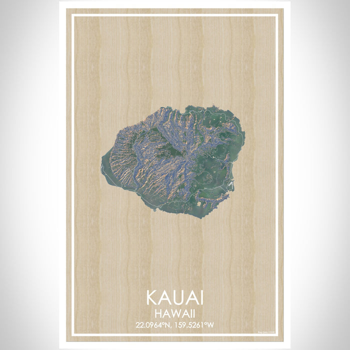 Kauai Hawaii Map Print Portrait Orientation in Afternoon Style With Shaded Background
