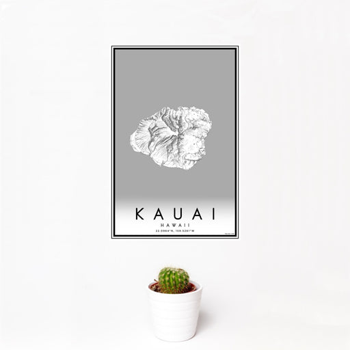 12x18 Kauai Hawaii Map Print Portrait Orientation in Classic Style With Small Cactus Plant in White Planter