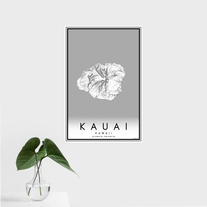 16x24 Kauai Hawaii Map Print Portrait Orientation in Classic Style With Tropical Plant Leaves in Water