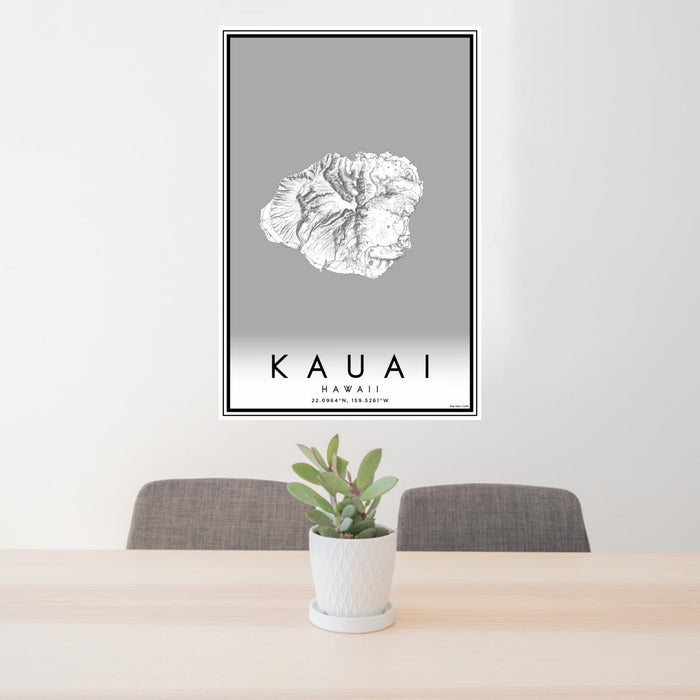 24x36 Kauai Hawaii Map Print Portrait Orientation in Classic Style Behind 2 Chairs Table and Potted Plant