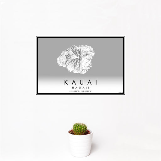 12x18 Kauai Hawaii Map Print Landscape Orientation in Classic Style With Small Cactus Plant in White Planter