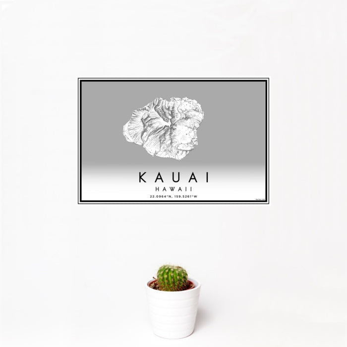 12x18 Kauai Hawaii Map Print Landscape Orientation in Classic Style With Small Cactus Plant in White Planter
