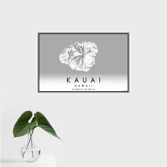16x24 Kauai Hawaii Map Print Landscape Orientation in Classic Style With Tropical Plant Leaves in Water