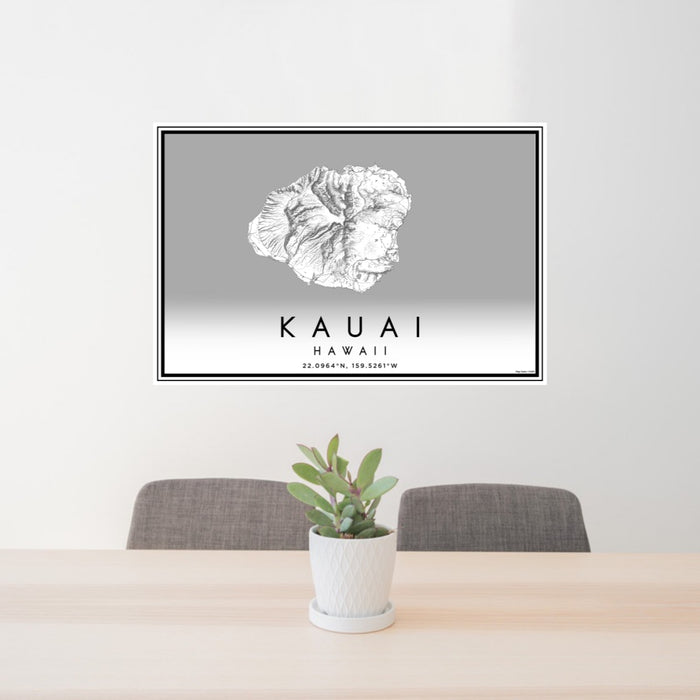 24x36 Kauai Hawaii Map Print Landscape Orientation in Classic Style Behind 2 Chairs Table and Potted Plant