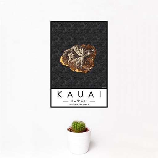 12x18 Kauai Hawaii Map Print Portrait Orientation in Ember Style With Small Cactus Plant in White Planter
