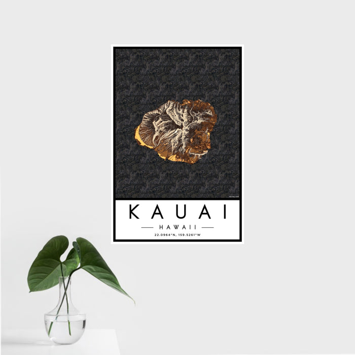 16x24 Kauai Hawaii Map Print Portrait Orientation in Ember Style With Tropical Plant Leaves in Water