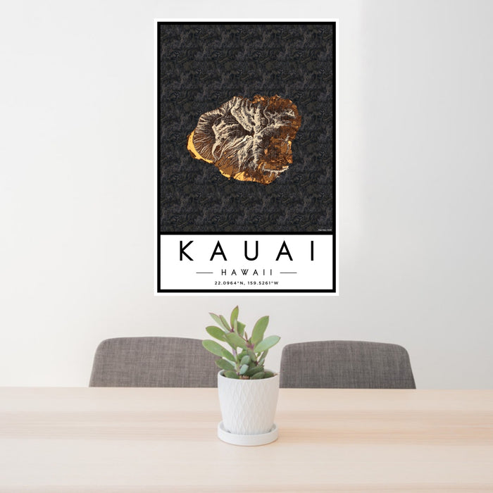24x36 Kauai Hawaii Map Print Portrait Orientation in Ember Style Behind 2 Chairs Table and Potted Plant