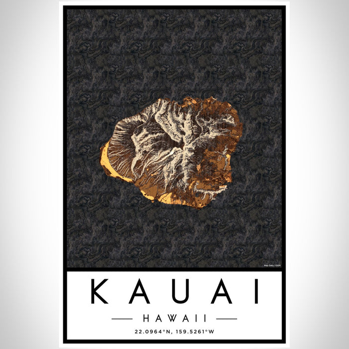 Kauai Hawaii Map Print Portrait Orientation in Ember Style With Shaded Background