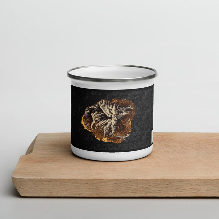 Front View Custom Kauai Hawaii Map Enamel Mug in Ember on Cutting Board