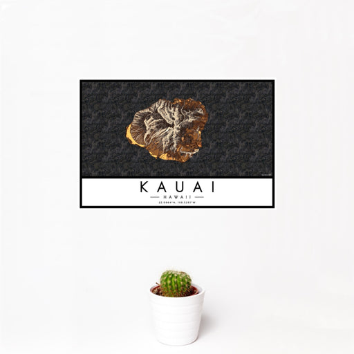 12x18 Kauai Hawaii Map Print Landscape Orientation in Ember Style With Small Cactus Plant in White Planter