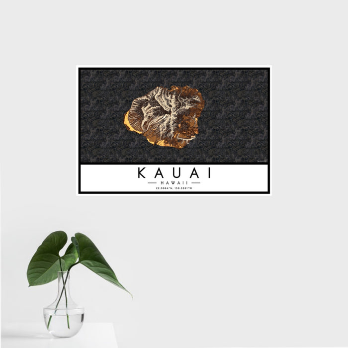 16x24 Kauai Hawaii Map Print Landscape Orientation in Ember Style With Tropical Plant Leaves in Water