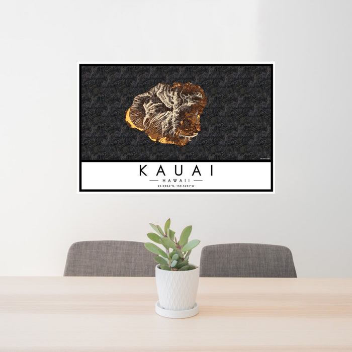 24x36 Kauai Hawaii Map Print Landscape Orientation in Ember Style Behind 2 Chairs Table and Potted Plant