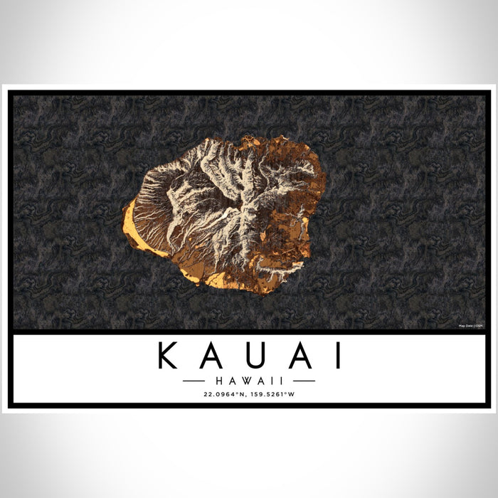 Kauai Hawaii Map Print Landscape Orientation in Ember Style With Shaded Background