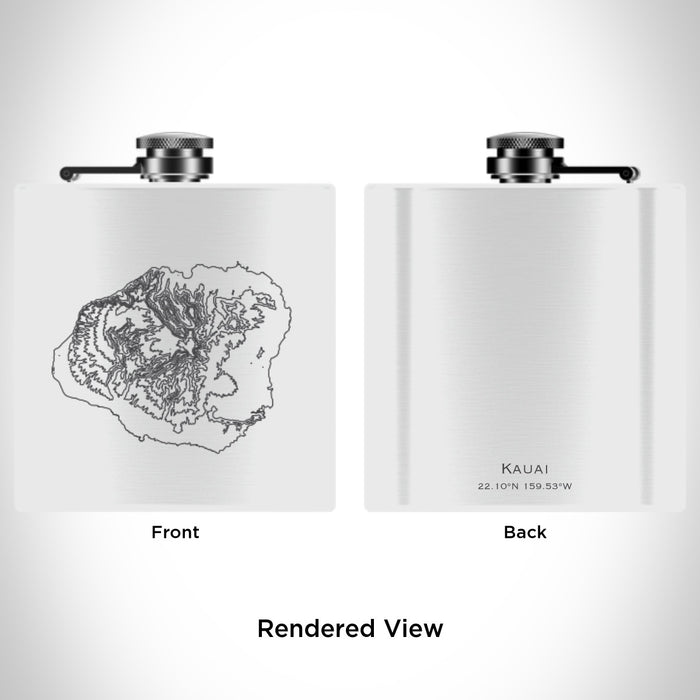 Rendered View of Kauai Hawaii Map Engraving on 6oz Stainless Steel Flask in White