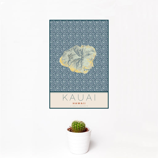 12x18 Kauai Hawaii Map Print Portrait Orientation in Woodblock Style With Small Cactus Plant in White Planter