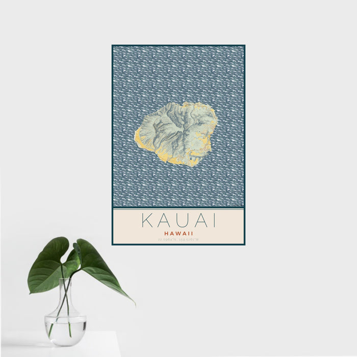 16x24 Kauai Hawaii Map Print Portrait Orientation in Woodblock Style With Tropical Plant Leaves in Water