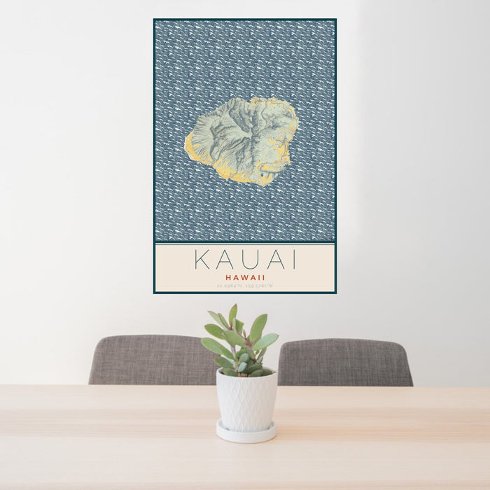 24x36 Kauai Hawaii Map Print Portrait Orientation in Woodblock Style Behind 2 Chairs Table and Potted Plant