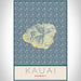 Kauai Hawaii Map Print Portrait Orientation in Woodblock Style With Shaded Background