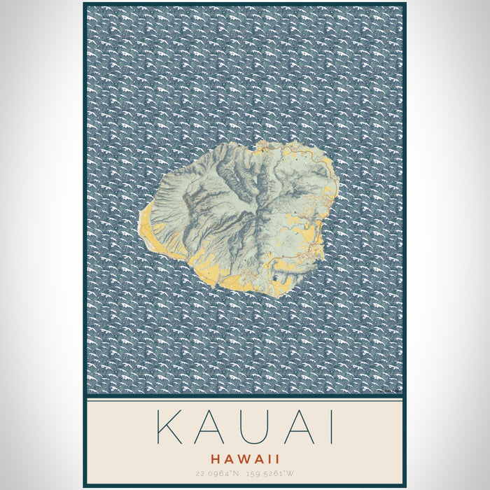 Kauai Hawaii Map Print Portrait Orientation in Woodblock Style With Shaded Background