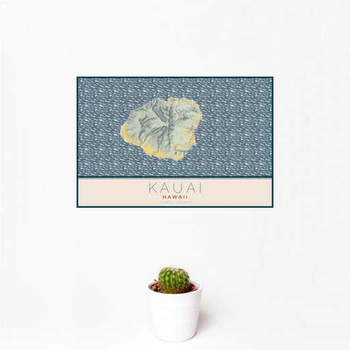 12x18 Kauai Hawaii Map Print Landscape Orientation in Woodblock Style With Small Cactus Plant in White Planter