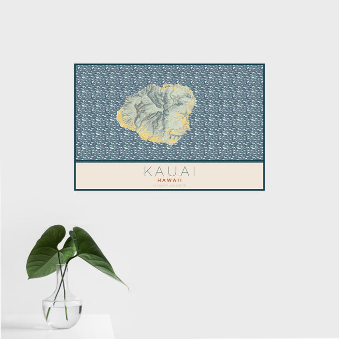 16x24 Kauai Hawaii Map Print Landscape Orientation in Woodblock Style With Tropical Plant Leaves in Water