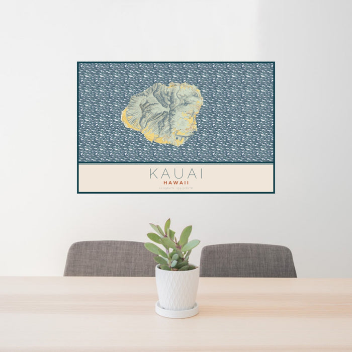 24x36 Kauai Hawaii Map Print Landscape Orientation in Woodblock Style Behind 2 Chairs Table and Potted Plant
