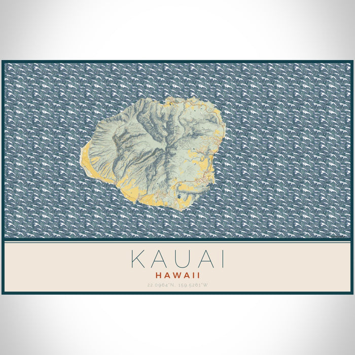 Kauai Hawaii Map Print Landscape Orientation in Woodblock Style With Shaded Background