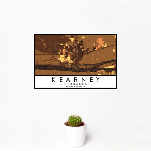 12x18 Kearney Nebraska Map Print Landscape Orientation in Ember Style With Small Cactus Plant in White Planter