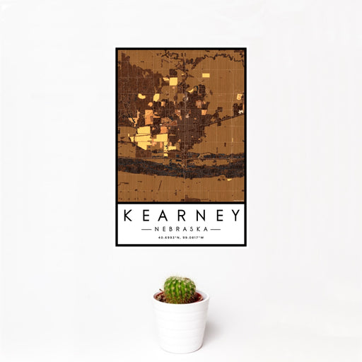 12x18 Kearney Nebraska Map Print Portrait Orientation in Ember Style With Small Cactus Plant in White Planter