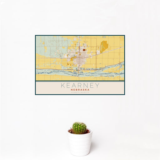 12x18 Kearney Nebraska Map Print Landscape Orientation in Woodblock Style With Small Cactus Plant in White Planter