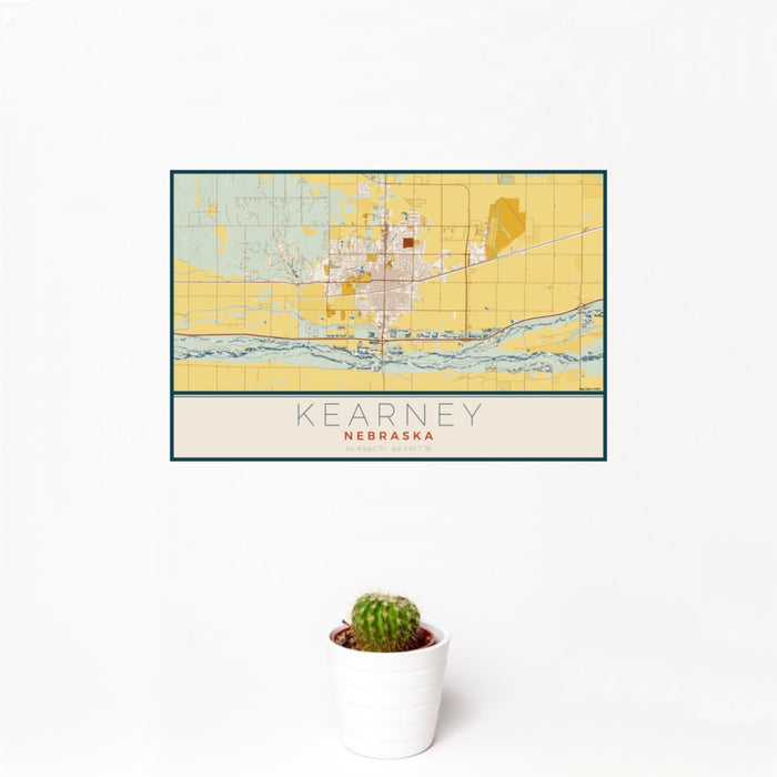 12x18 Kearney Nebraska Map Print Landscape Orientation in Woodblock Style With Small Cactus Plant in White Planter