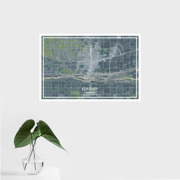 16x24 Kearney Nebraska Map Print Landscape Orientation in Afternoon Style With Tropical Plant Leaves in Water