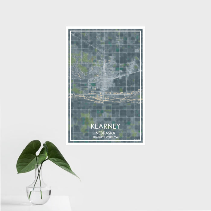 16x24 Kearney Nebraska Map Print Portrait Orientation in Afternoon Style With Tropical Plant Leaves in Water