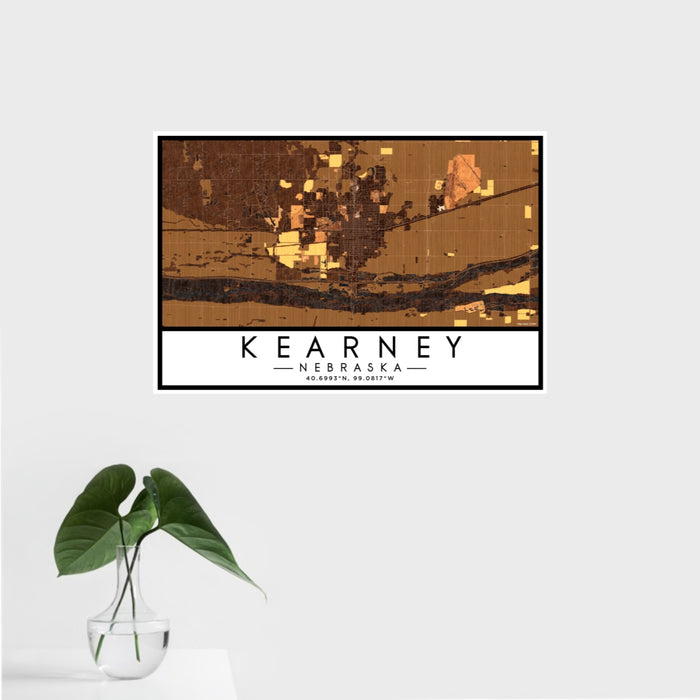 16x24 Kearney Nebraska Map Print Landscape Orientation in Ember Style With Tropical Plant Leaves in Water