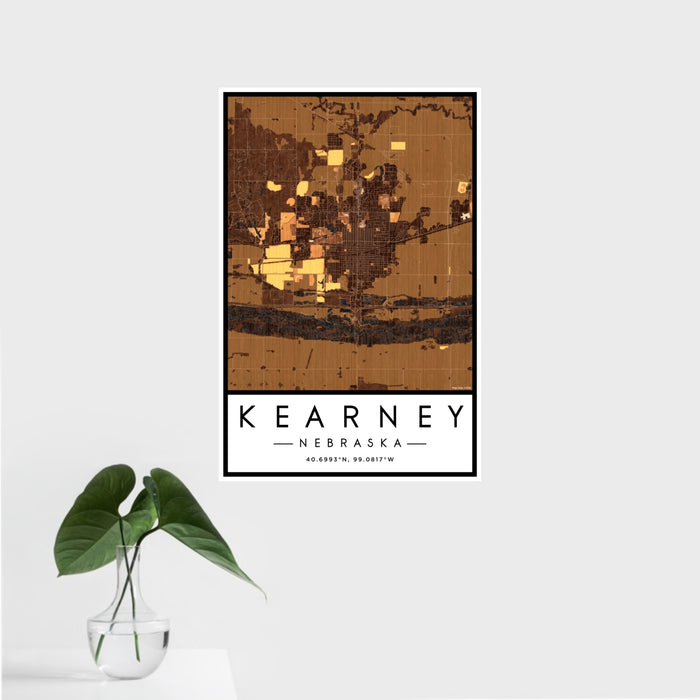 16x24 Kearney Nebraska Map Print Portrait Orientation in Ember Style With Tropical Plant Leaves in Water