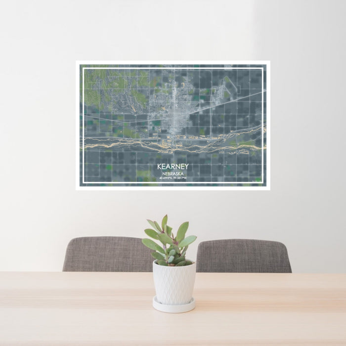 24x36 Kearney Nebraska Map Print Lanscape Orientation in Afternoon Style Behind 2 Chairs Table and Potted Plant