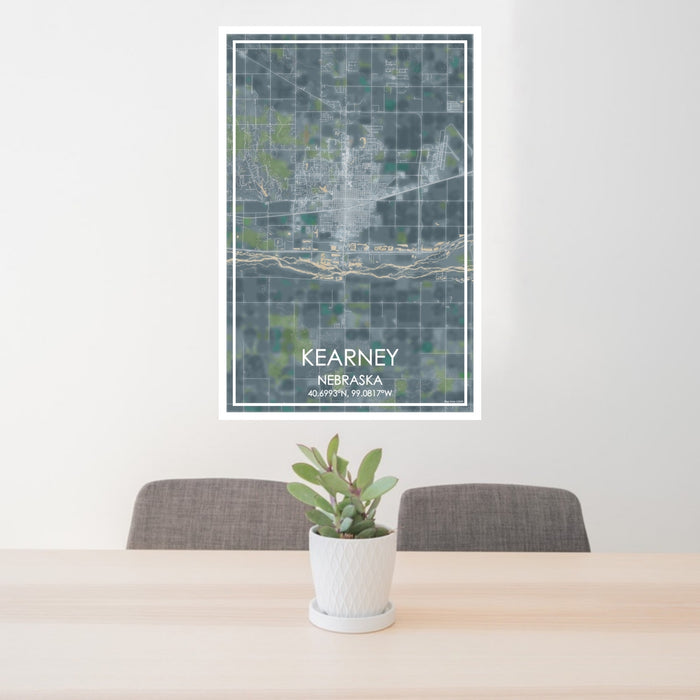 24x36 Kearney Nebraska Map Print Portrait Orientation in Afternoon Style Behind 2 Chairs Table and Potted Plant