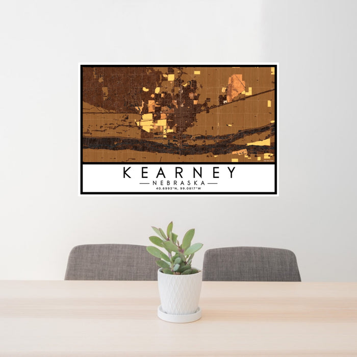 24x36 Kearney Nebraska Map Print Lanscape Orientation in Ember Style Behind 2 Chairs Table and Potted Plant