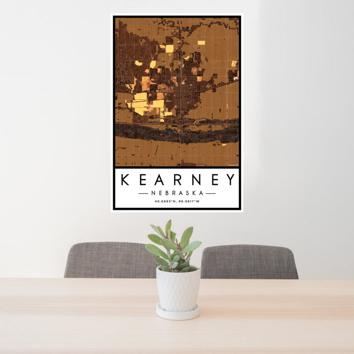 24x36 Kearney Nebraska Map Print Portrait Orientation in Ember Style Behind 2 Chairs Table and Potted Plant