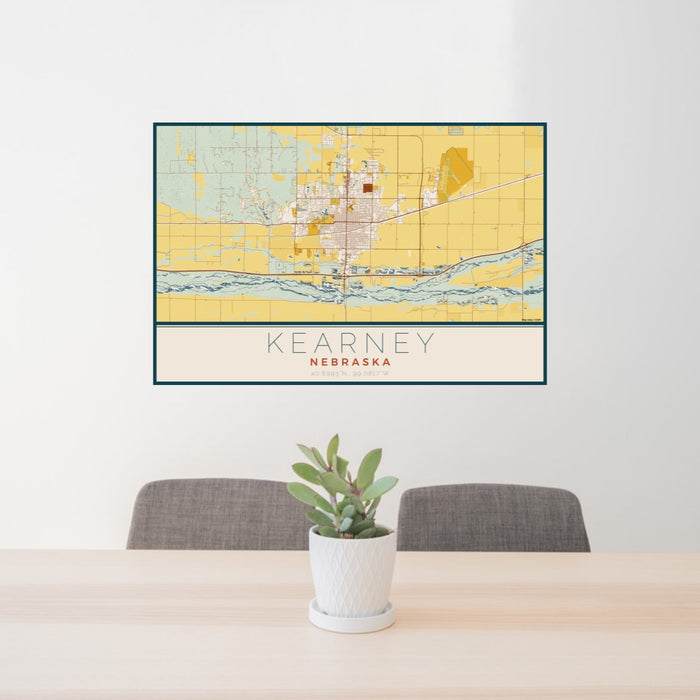 24x36 Kearney Nebraska Map Print Lanscape Orientation in Woodblock Style Behind 2 Chairs Table and Potted Plant