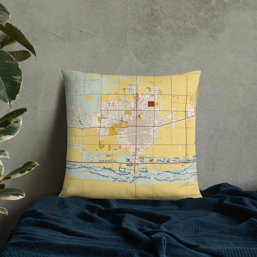 Custom Kearney Nebraska Map Throw Pillow in Woodblock on Bedding Against Wall