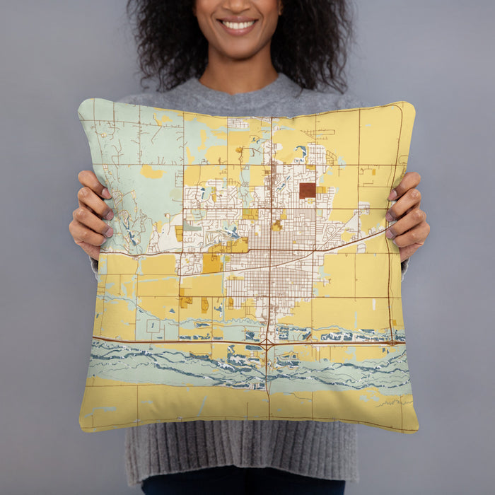 Person holding 18x18 Custom Kearney Nebraska Map Throw Pillow in Woodblock