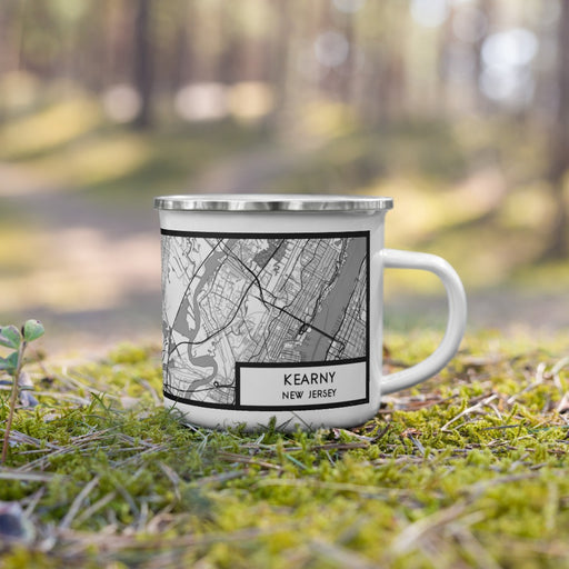 Right View Custom Kearny New Jersey Map Enamel Mug in Classic on Grass With Trees in Background