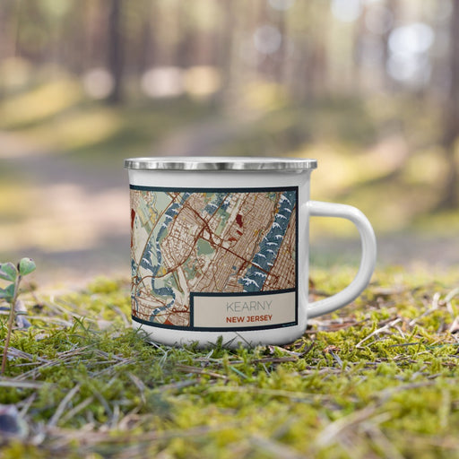 Right View Custom Kearny New Jersey Map Enamel Mug in Woodblock on Grass With Trees in Background