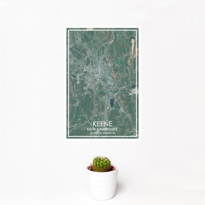 12x18 Keene New Hampshire Map Print Portrait Orientation in Afternoon Style With Small Cactus Plant in White Planter