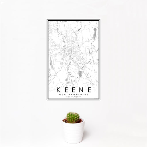 12x18 Keene New Hampshire Map Print Portrait Orientation in Classic Style With Small Cactus Plant in White Planter